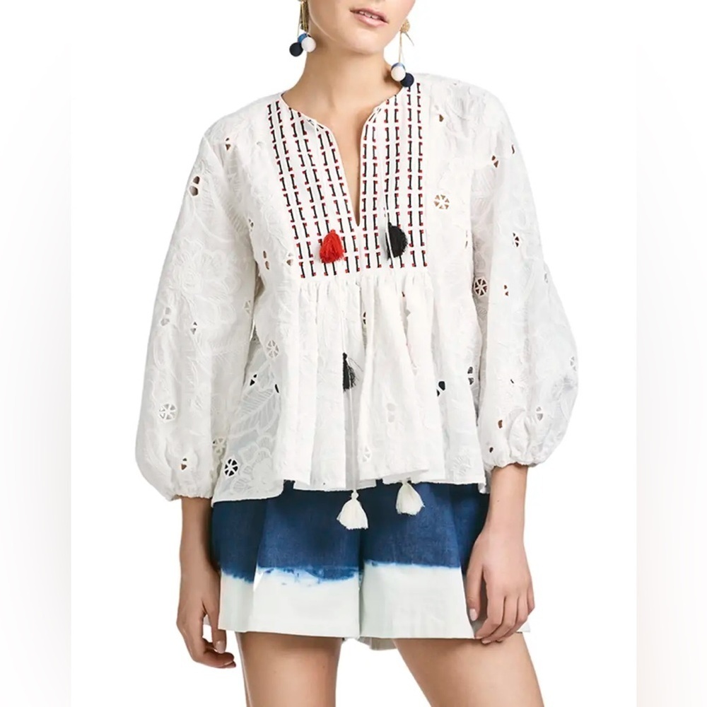 Anthropologie Sachin Babi Peplum Blouse with Puff Sleeves and Embellishments